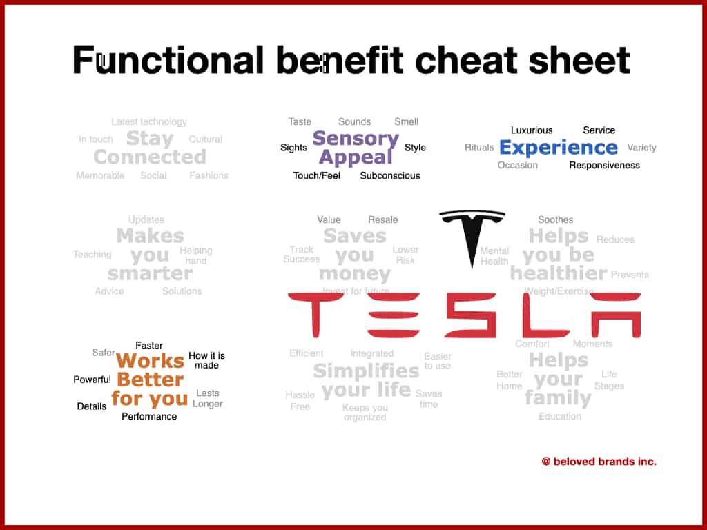 Tesla Brand Functional Consumer Benefits explaining how Elon Musk sees the tesla brand