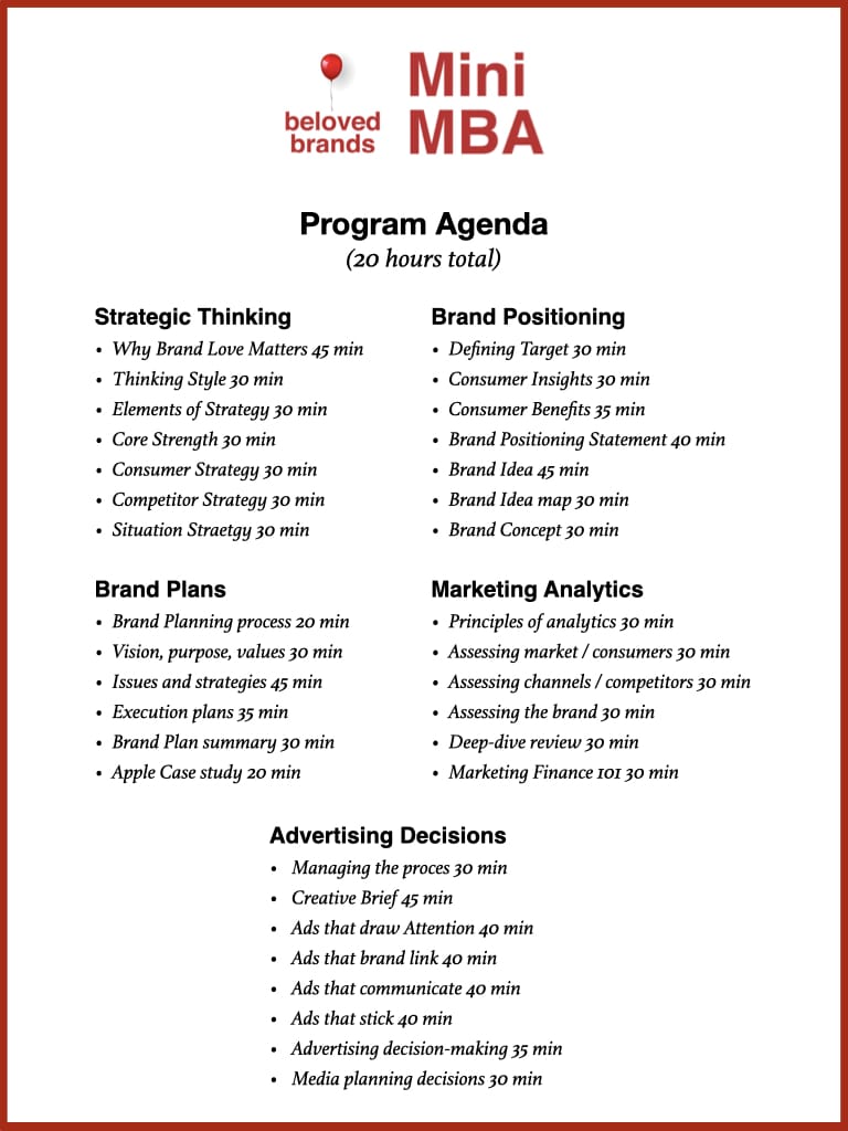 Beloved Brands Mini MBA agenda online marketing course